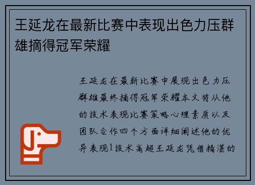 王延龙在最新比赛中表现出色力压群雄摘得冠军荣耀
